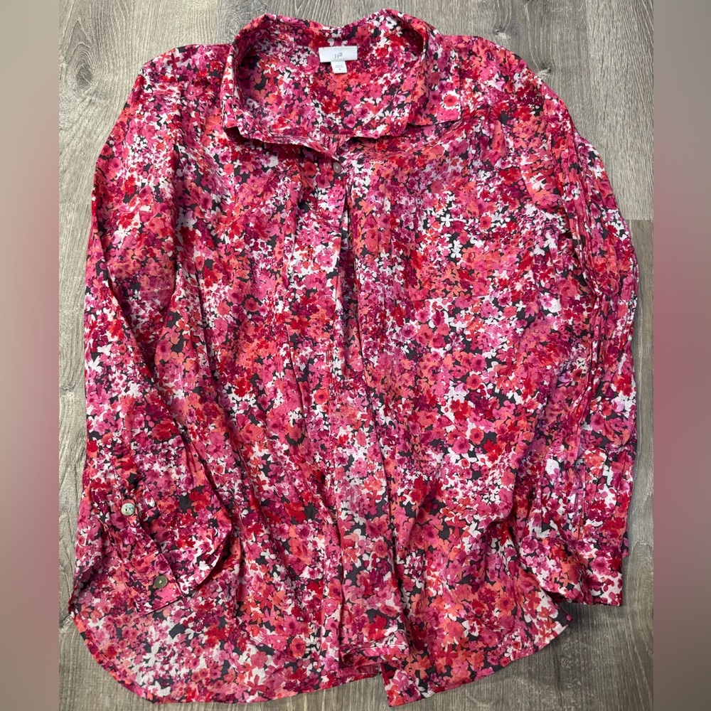 J.Jill pink floral long-sleeve button-up blouse in lightweight voile fabric